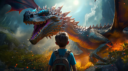 A boy gazes into the world of powerful dragons. - obrazy, fototapety, plakaty
