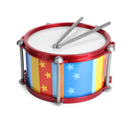 Bright drum with sticks isolated on white