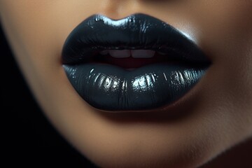 Closeup shot of beautiful female lips with black glossy lips makeup.