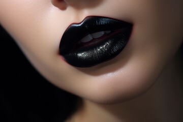 Fototapeta premium Close-up of female lips with black glossy lipstick on black background