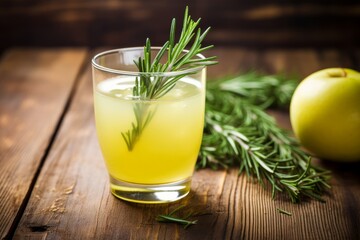 Fototapeta premium A Glass of Cool Apple Rosemary Juice Garnished with Fresh Rosemary on a Wooden Table