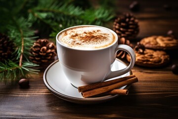 Obraz na płótnie Canvas Deliciously Creamy Eggnog Latte in a Holiday-themed Mug on a Rustic Table
