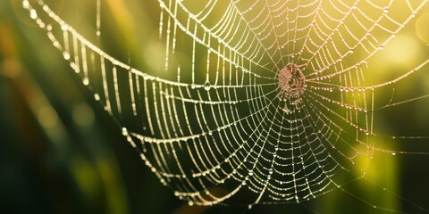 Illustration of a spiderweb covered in dew. 