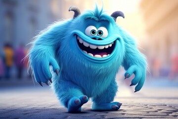 Funny, cute and furry blue monster. 3D cartoon character. - obrazy, fototapety, plakaty