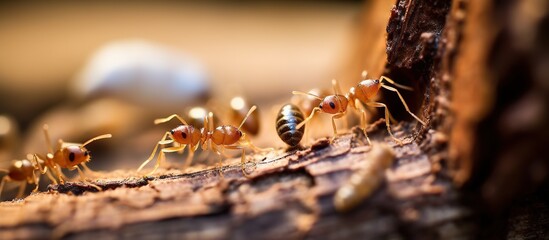 Close up group of red ant on wood background, teamwork and leadership concept
