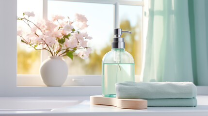 Fototapeta na wymiar Soap dispenser and spa towel on pastel bathroom window interior background
