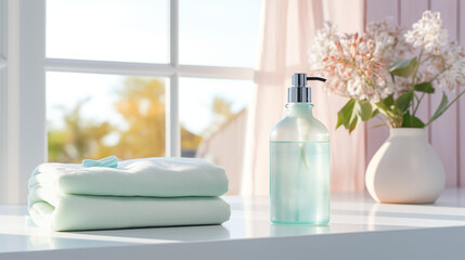 Fototapeta na wymiar Soap dispenser and spa towel on pastel bathroom window interior background