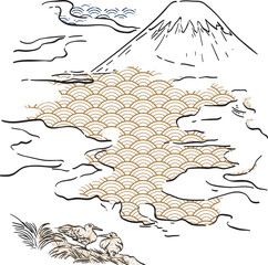 Mountain fuji with Japanese wave pattern in vintage style