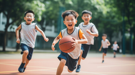 Elementary kids playing basketball on court. World basketball day concept