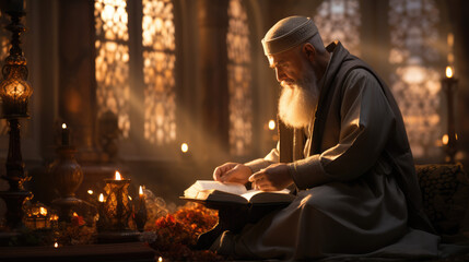 Fototapeta premium Divine Illumination. Light falling into the room in the mosque, illuminating a man in prayer. Spiritual serenity and devotion concept. 