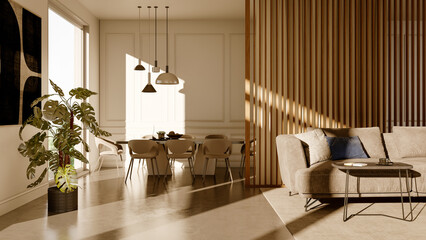 Large luxury modern bright interiors Living room mockup illustration 3D rendering computer digitally generated image