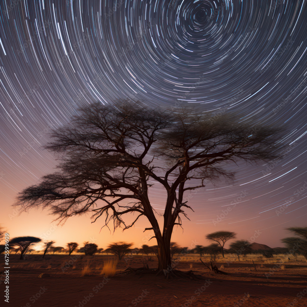 Canvas Prints star trails over camelthorn in desert.