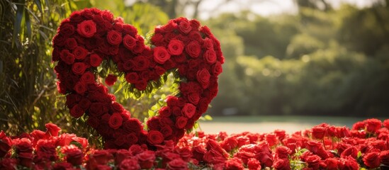 In the background of a beautiful garden a vibrant floral heart made of red roses captures the essence of nature s love making it a perfect gift for a Valentine s Day celebration or a romant - obrazy, fototapety, plakaty