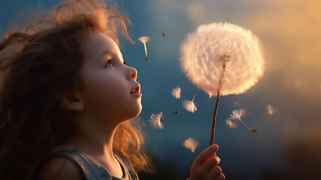 a little girl blowing a mini dendelion to the sunset sky, dreamy light
