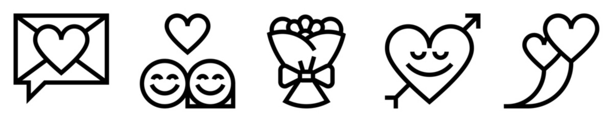 Conjunto de iconos de mensajes de amor. Romance. Chat romántico, pareja enamorados, ramo de flores, corazón flechado, globos de corazón. Ilustración vectorial