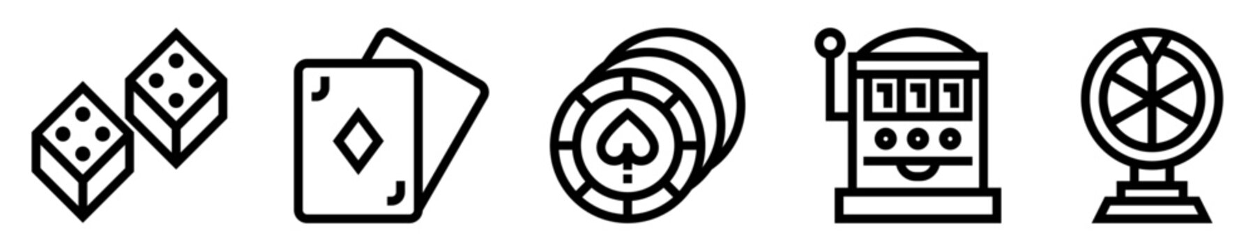 Conjunto de iconos de casino. Juegos de azar y apuestas. dados, cartas, fichas, m&aacute;quina tragamonedas, ruleta. Ilustraci&oacute;n vectorial