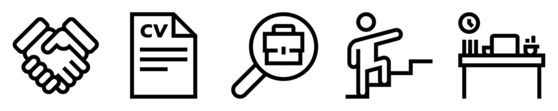 Conjunto de iconos de promoci&oacute;n de empleo. Acuerdo laboral, curr&iacute;culum, buscar trabajo, persona subiendo una escalera, oficina. Ilustraci&oacute;n vectorial