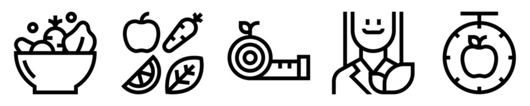 Conjunto de iconos de plan nutricional. Nutrici&oacute;n, dieta y alimentaci&oacute;n saludable. Plato balanceado, frutas, verdura, cinta m&eacute;trica, nutricionista, cron&oacute;metro de comidas. Ilustraci&oacute;n vectorial