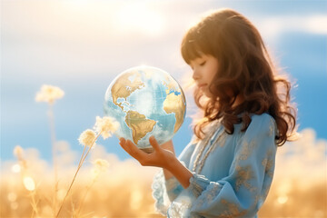 a little girl hold a realistic earth globe in the green meadow with blue sky background, long shot view, low angle view, long blonde hair, white long dress, dreamy morning light