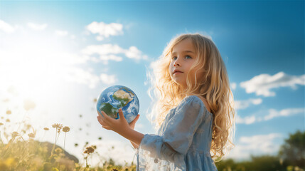 a little girl hold a realistic earth globe in the green meadow with blue sky background, long shot view, low angle view, long blonde hair, white long dress, dreamy morning light