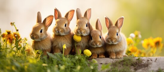 In the summer a group of cute rabbits enjoyed playing outdoors surrounded by the beauty of nature