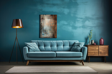 3D illustration of living room interior with sofa with modern furniture in blue tone.