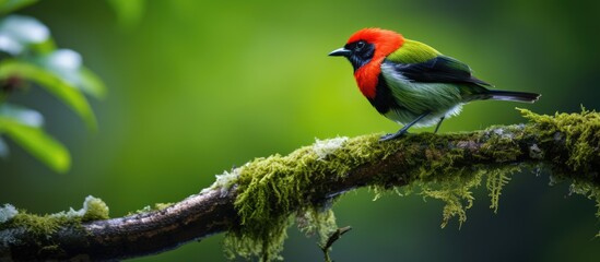 Obraz premium In the background of a lush green forest a cute bird with colorful feathers perched on a branch blending with the natural beauty of the white black and green surroundings