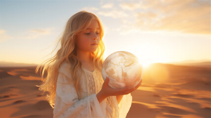 a little girl hold a realistic earth globe in the desert with sunset sky background, long shot view, low angle view, long blonde hair, white long dress, dreamy  light - obrazy, fototapety, plakaty