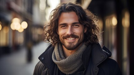 treet portrait of handsome latino man with long curly hair.
