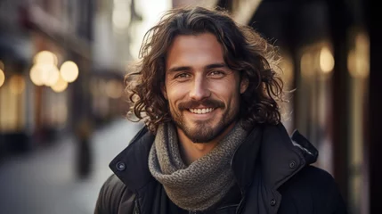 Foto op Plexiglas treet portrait of handsome latino man with long curly hair. © mariiaplo