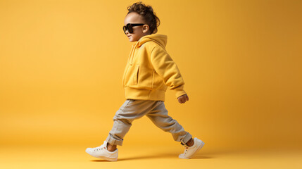Fototapeta na wymiar 黄色の背景にサングラスをかけて黄色のパーカーを着ている男の子が歩いている写真