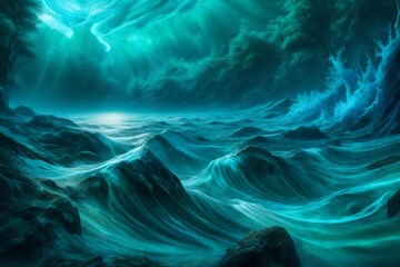 Luminous azure waves meeting emerald currents in an ethereal realm  - obrazy, fototapety, plakaty