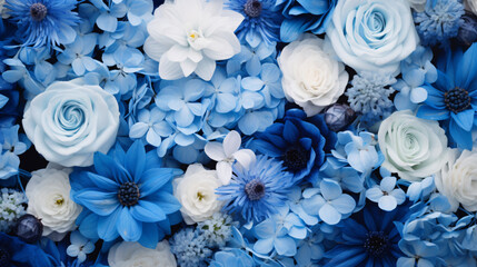 Obraz na płótnie Canvas 青色系の花を集めて敷き詰めた背景、壁紙