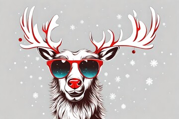 a cartoon illustration of a Christmas reindeer with cool sunglasses - obrazy, fototapety, plakaty