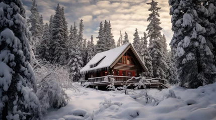 Fotobehang Photography of Mountain Log Cabin in Winter © Fadil