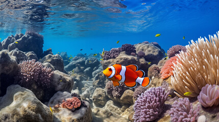 Naklejka na ściany i meble Underwater Oasis: A Vibrant Coral Reef teeming with Clownfish.