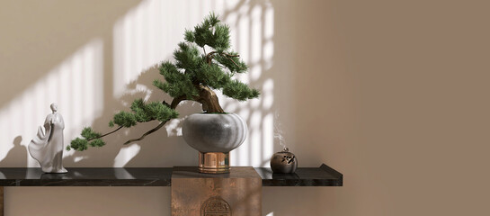 Large bonsai tree and oriental decorative items on black marble console table in sunlight, shoji window grill shadow on beige brown wall for interior design decoration, product background 3D