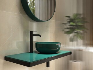 Black steel vanity counter, emerald green countertop, washbasin bowl, reeded glass partition tree in beige marble wall tile bathroom. Luxury beauty, cosmetic, skincare, product display background 3D
