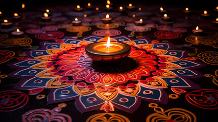 A Symphony of Light and Art: A Diya Illuminates Rangoli Mastery