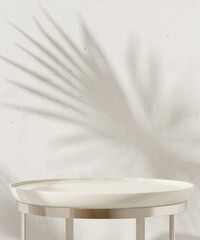 White round glossy pedestal side table podium, steel leg in sunlight, palm leaf shadow on cement concrete wall. Luxury cosmetic, skincare, beauty, body care, fashion product display background 3D