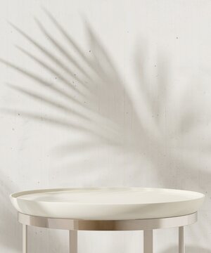 White Round Glossy Pedestal Side Table Podium, Steel Leg In Sunlight, Palm Leaf Shadow On Cement Concrete Wall. Luxury Cosmetic, Skincare, Beauty, Body Care, Fashion Product Display Background 3D