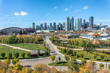Calgary downtown, Saddledome and ENMAX Park view from the Scotsman's Hill