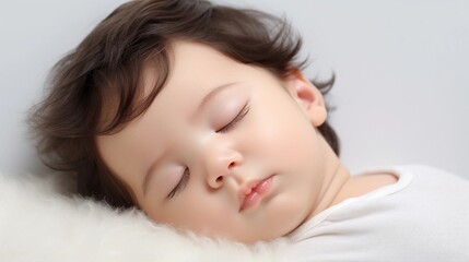 Obraz na płótnie Canvas Portrait of a baby boy sleeps tight against white background with space for text, AI generated, background image