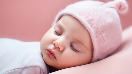 Fototapeta na wymiar Portrait of a baby girl sleeps tight against pastel background with space for text, AI generated, background image