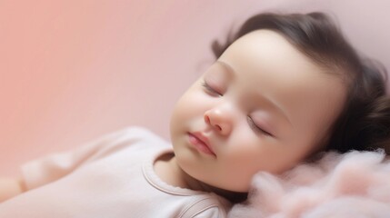 Obraz na płótnie Canvas Portrait of a baby girl sleeps tight against pastel background with space for text, AI generated, background image