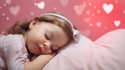 Obraz na płótnie Canvas Portrait of a baby girl sleeps tight against Valentine's Day feel background with space for text, AI generated, background image