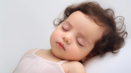 Obraz na płótnie Canvas Portrait of a baby girl sleeps tight against white background with space for text, AI generated, background image