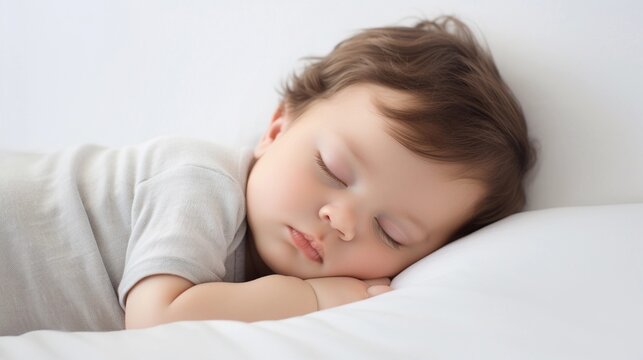 Portrait of a baby boy sleeps tight against white background with space for text, AI generated, background image