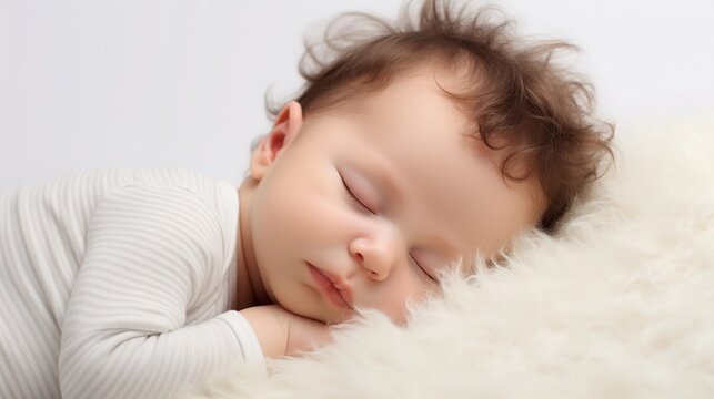 Portrait of a baby boy sleeps tight against white background with space for text, AI generated, background image