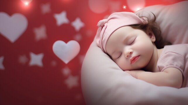 Portrait of a baby girl sleeps tight against Valentine's Day feel background with space for text, AI generated, background image